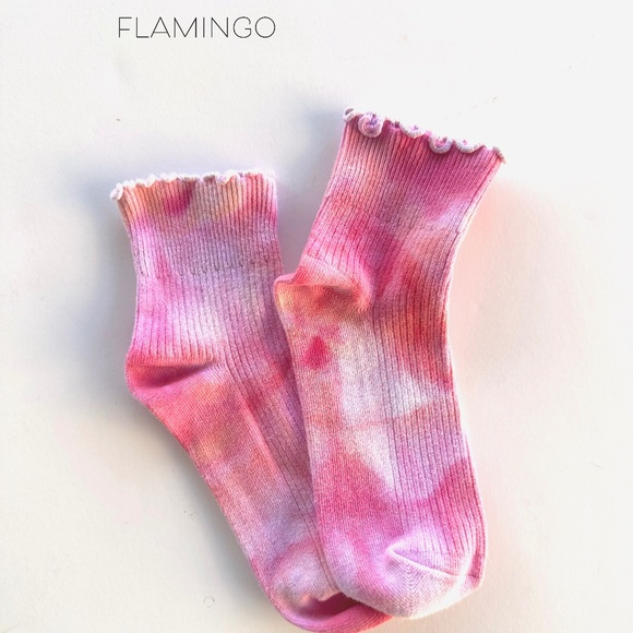 Coral Pink Tie Dye Ruffle Socks Strawberry Pink Mid Crew Ice Dye Hand Dyed Socks - Picture 1 of 3